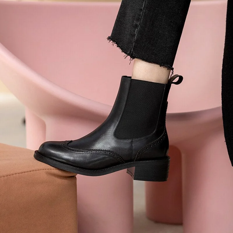 New Autumn/Winter Women Shoes Retro Chelsea Boots Round Toe Low Heel Women Ankle Boots Brock Genuine Leather  Female Short Boots
