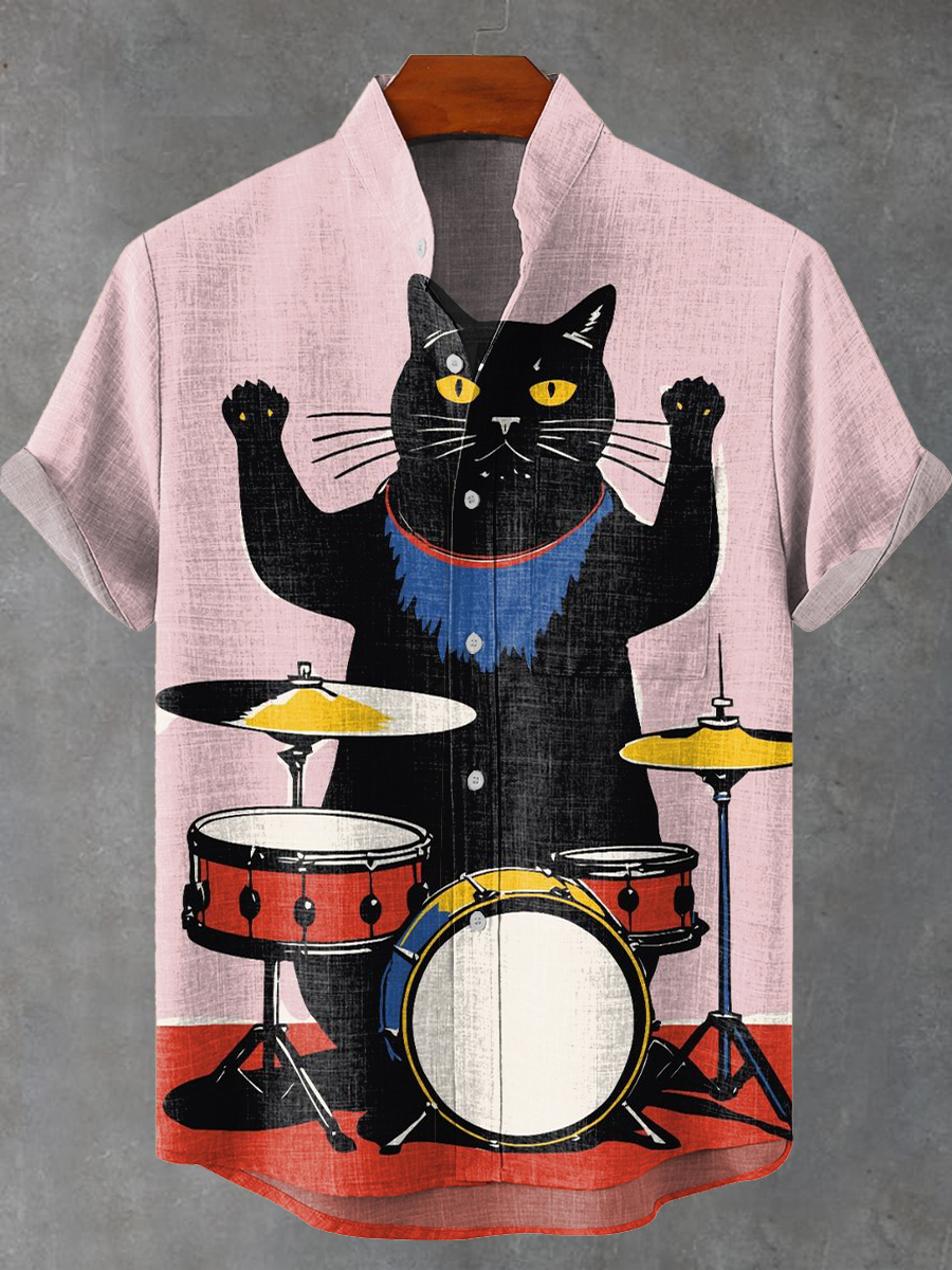 Vintage Cat Jazz Music Illustration Art Print Casual 100% Cotton Shirt