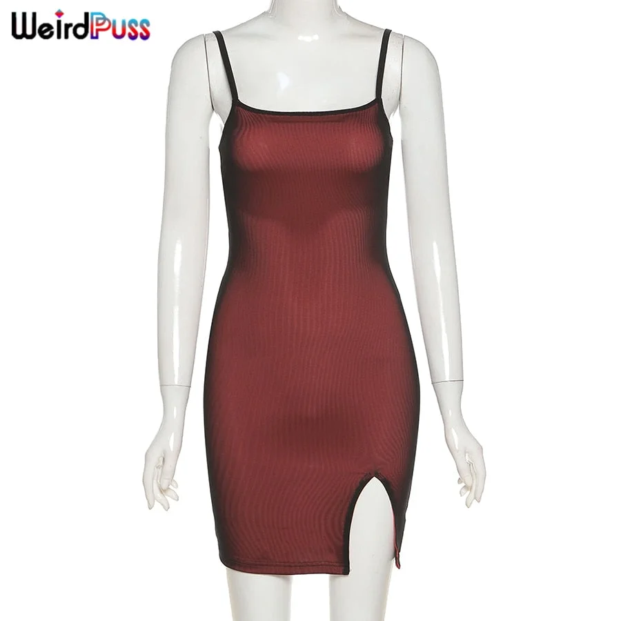 Weird Puss Mesh Double Layer Sexy Skinny Dress Women Sleeveless Party Bodycon Bandage Elastic Split Trend Clubwear Slim Outfits