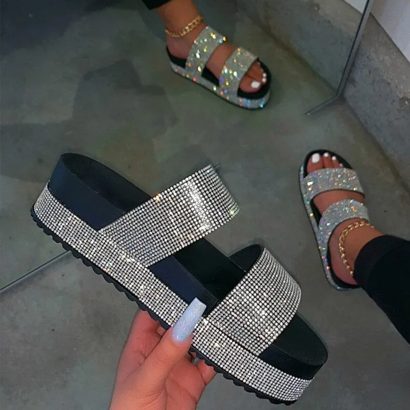 Luxury Trend Women Rhinestone Sandals Platform Wedge Mid Heel Thick Sole Outdoor Shiny Crystal Sexy Ladies Female 2021 Summe