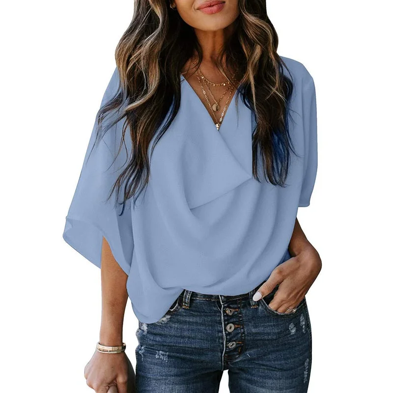 Gentillove Women Flare Sleeve Pleated Loose Chiffon V-Neck Solid Summer Casual Basic Pullover Office Lady Shirt Elegant Blouse