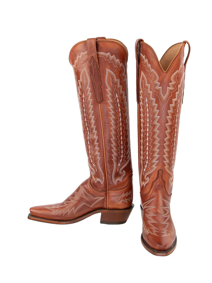 Cognac Brown Snip Toe Embroidered Wide Calf Knee-High Cowgirl Boots