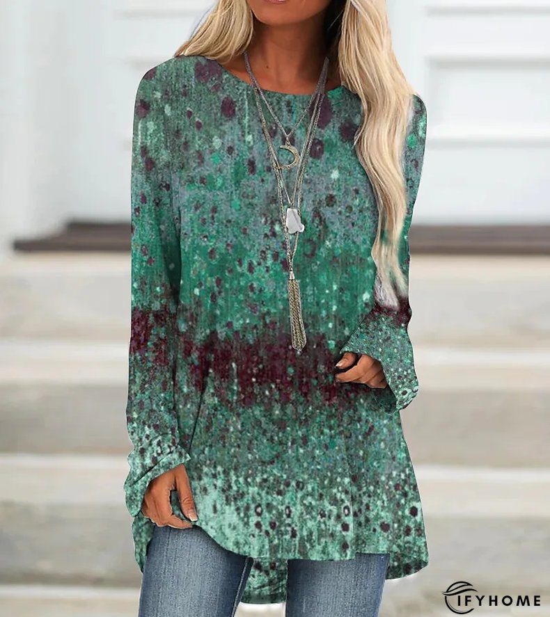 Casual Women's Crew Neck Top Loose Long Sleeve Vintage Print Pullover Fashion T-Shirt | IFYHOME