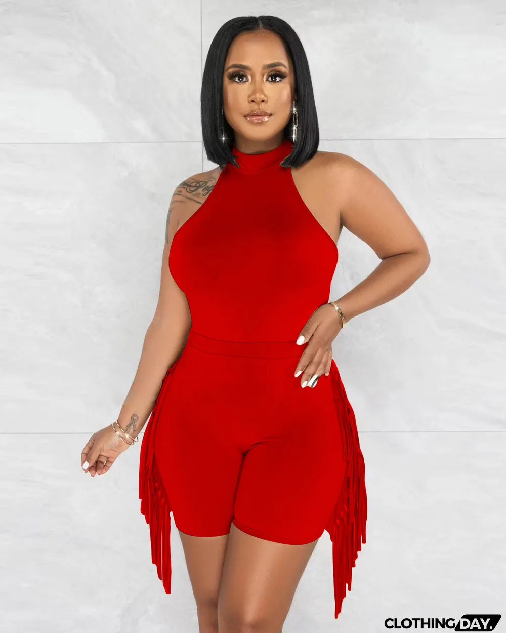 Women's fashion sports ofringed shorts two-piece set