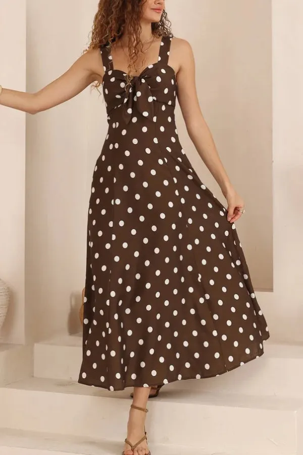 Polka Dot Print Back Pleated Casual Pocket Holiday Maxi Dress