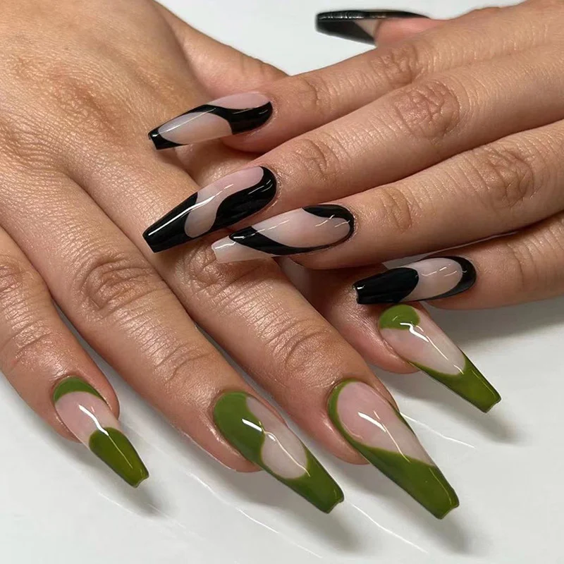 Churchf Blossoms Wearable Nail Art Long Ballet Green False Nails Fashion Detachable Finished Fake Nails Press on Nails with Glue-Nail Inspo
