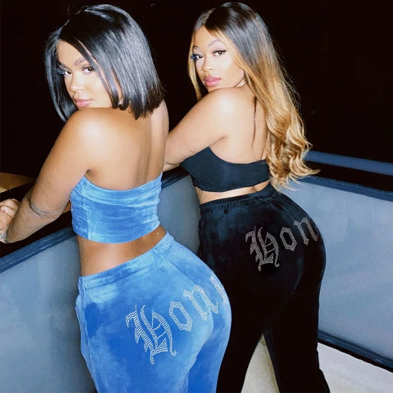 Weird Puss Velvet Summer Women Tracksuit Rhinestone Letter Strapless Top+Straight Pants Stretch Matching Trend 2piece Set Outfit