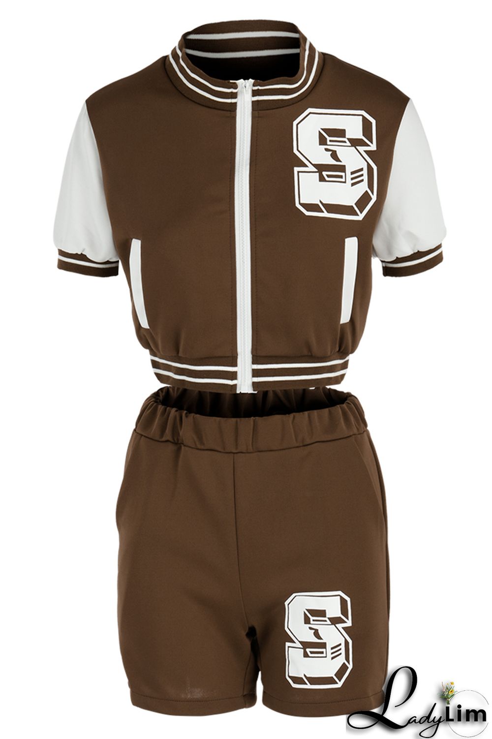 Black Fashion Casual Letter Print Patchwork Zipper Collar Short Sleeve Two Pieces