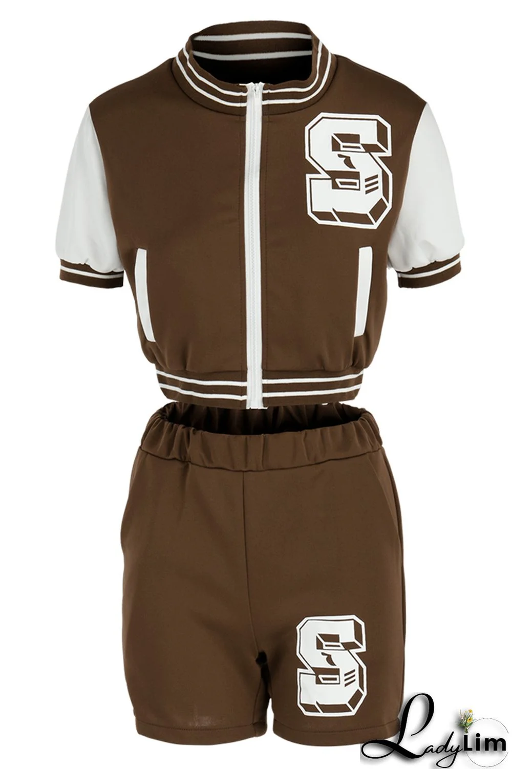 Black Fashion Casual Letter Print Patchwork Zipper Collar Short Sleeve Two Pieces