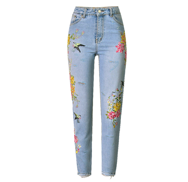 Women's Embroidered Denim Jeans High Waist Straight Bird Floral Embroidered Pant