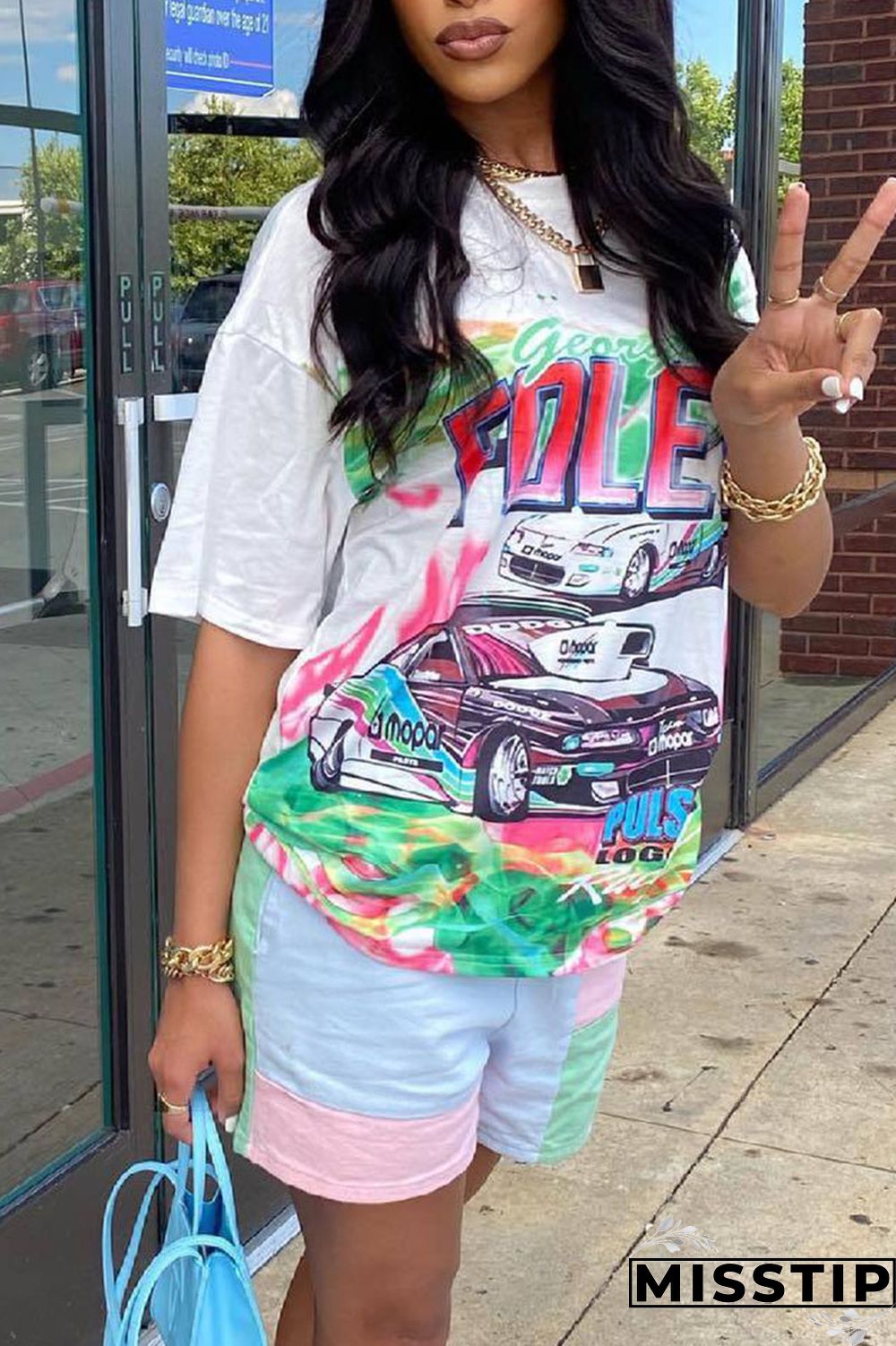 Pink Casual Print Patchwork O Neck Short Sleeve Two Pieces