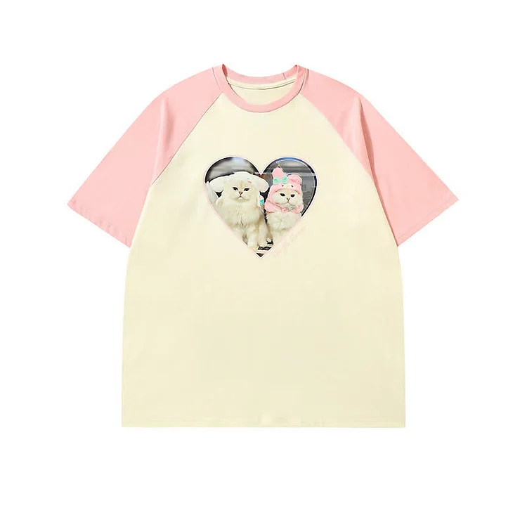 Love Heart Kitty Letter Print Round Collor Colorblock T-Shirt - Modakawa modakawa