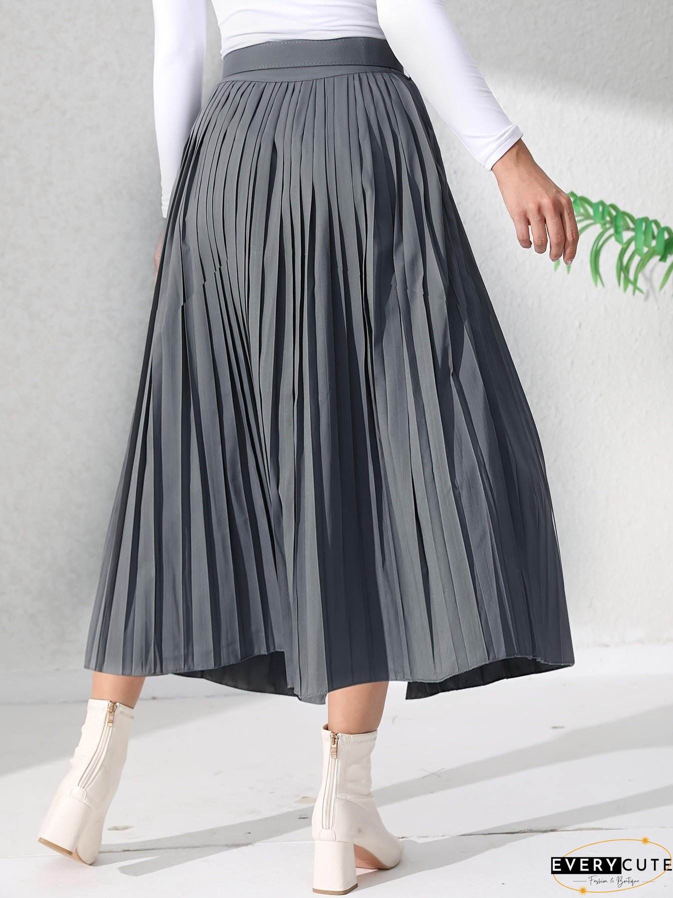 Solid Pleated Skirt, Casual Midi Skirt For Spring & Summer, Women's Clothing