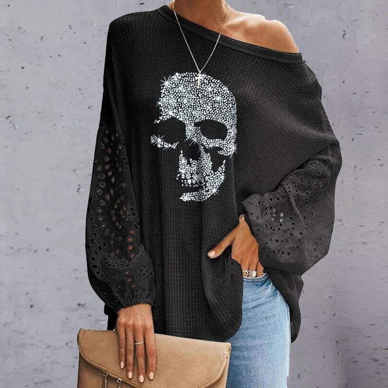 Sexy Skew Collar Women Skull Pattern Blouse Blusa Loose Long Batwing Sleeve Streetwear Tops Femme Casual Hollow Out Shirt Clothe