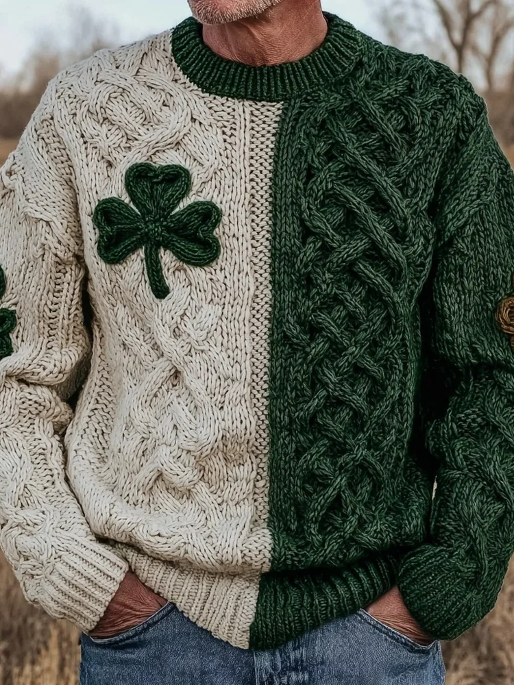 Men's Shamrock Celtic Knot Jacquard Contrast Cozy Knit Sweater