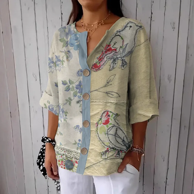 Simpfit Button-Down-Hemd mit Vintage-Blumen- und Vogel-Stickerei für Damen