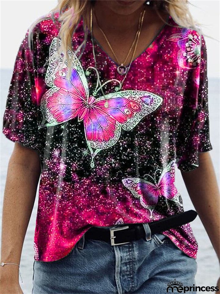 Women's Loose Short-Sleeved V Neck Butterfly Print T-Shirt