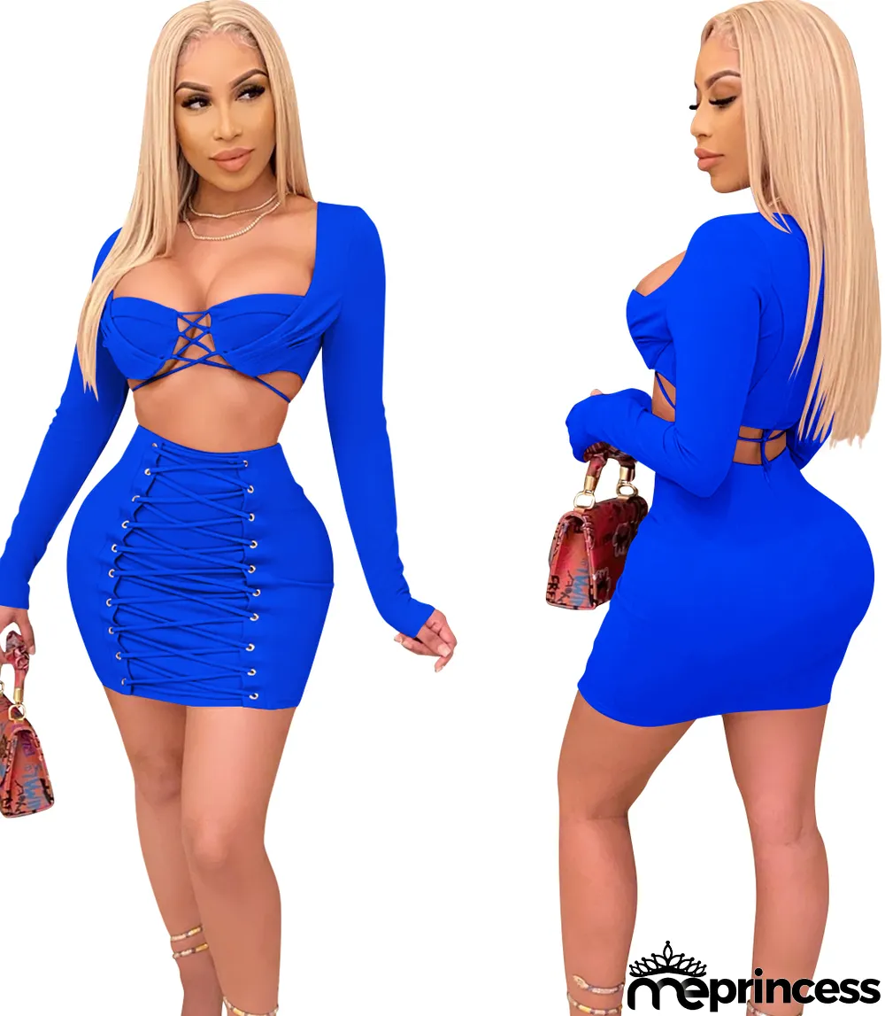Autumn Party Two Piece Sexy Lace Up Crop Top and Mini Skirt Set