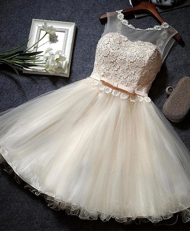 Cute Champagne A Line Lace Short Prom Dress