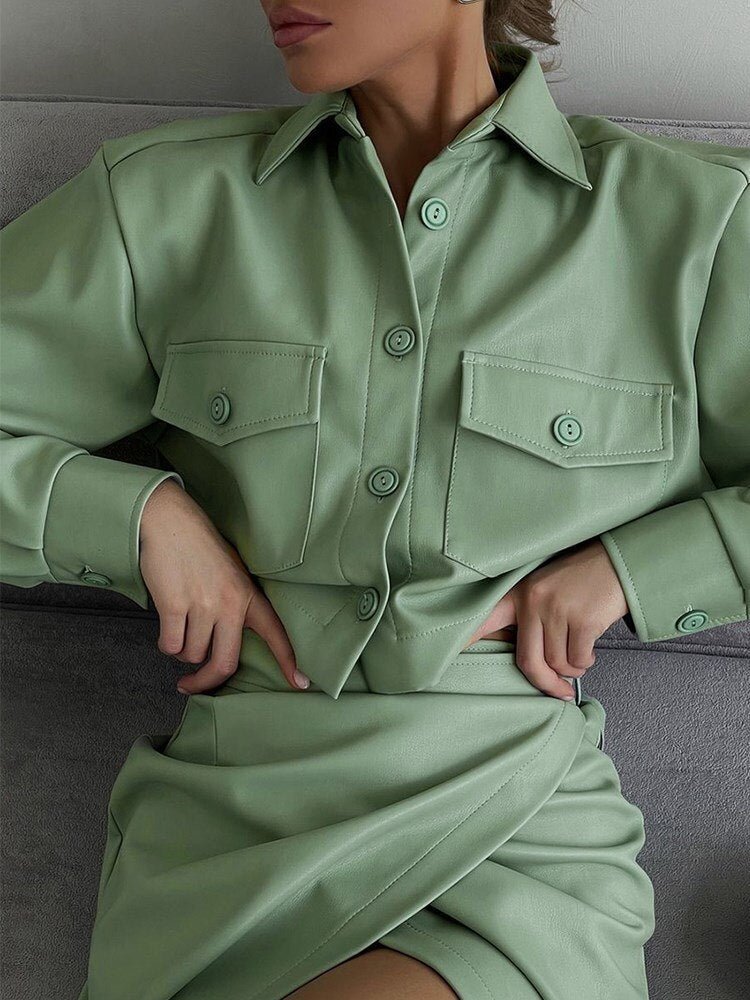 WannaThis Fashion Faux Leather Women Suit Turn Down Collar Button Crop Coat Top High Waist Split Midi Skirt Fall Two Piece Set