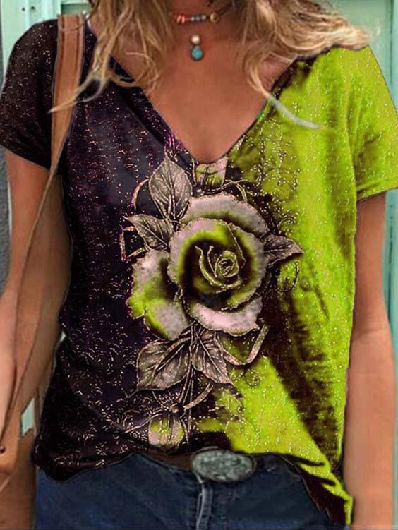 Women's V-neck Short Sleeve Floral Printed Tops