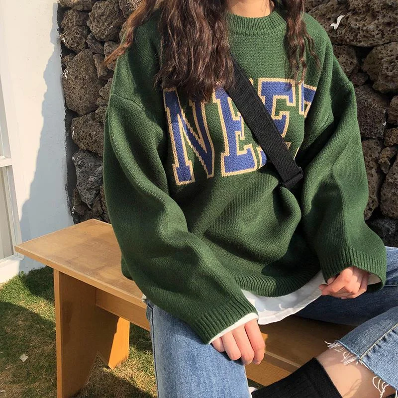 Brownm autumn and winter women's new round neck pullover loose retro Korean college style matcha green letter stitching sweater