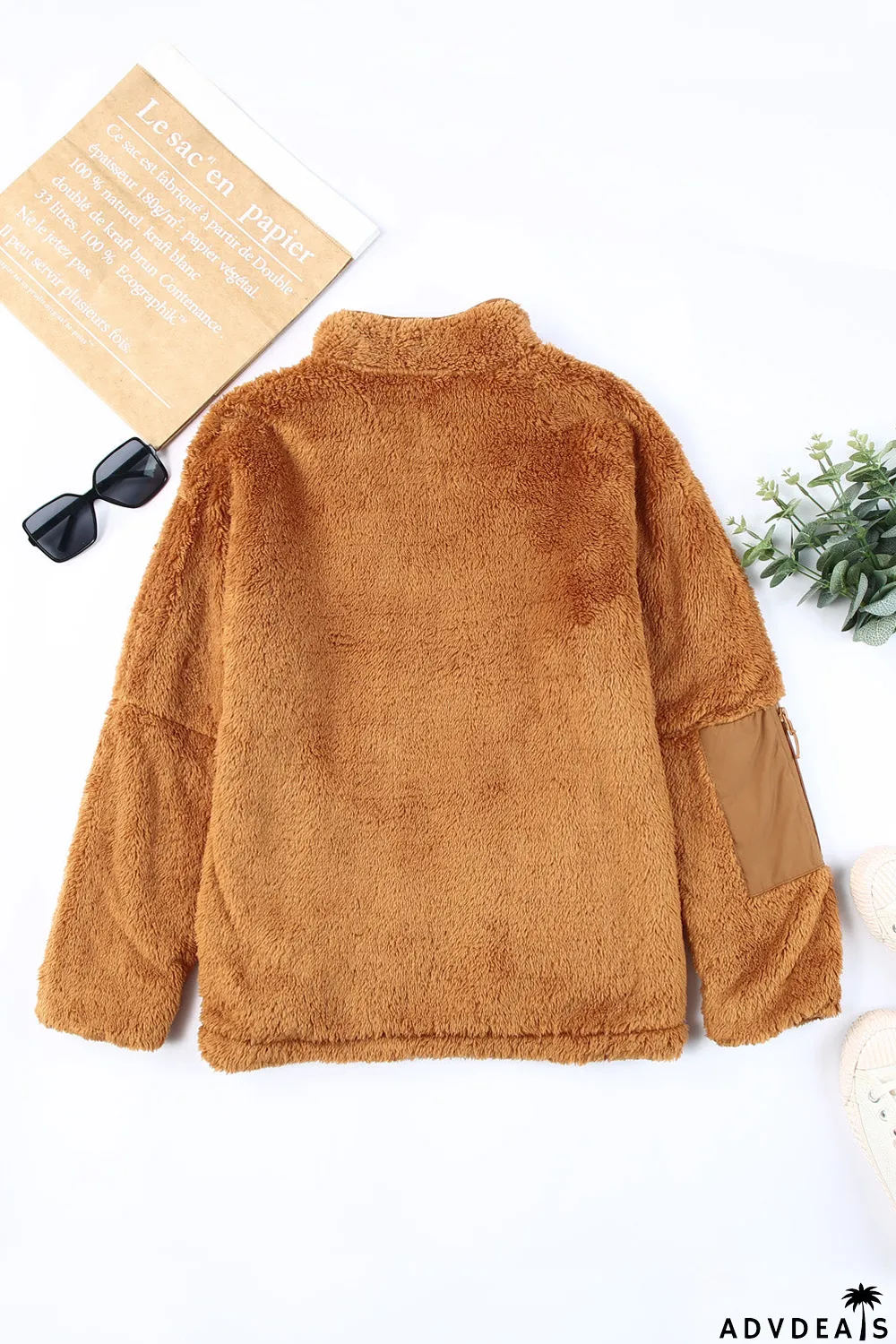 Zip Up Sherpa Coat With Pocket