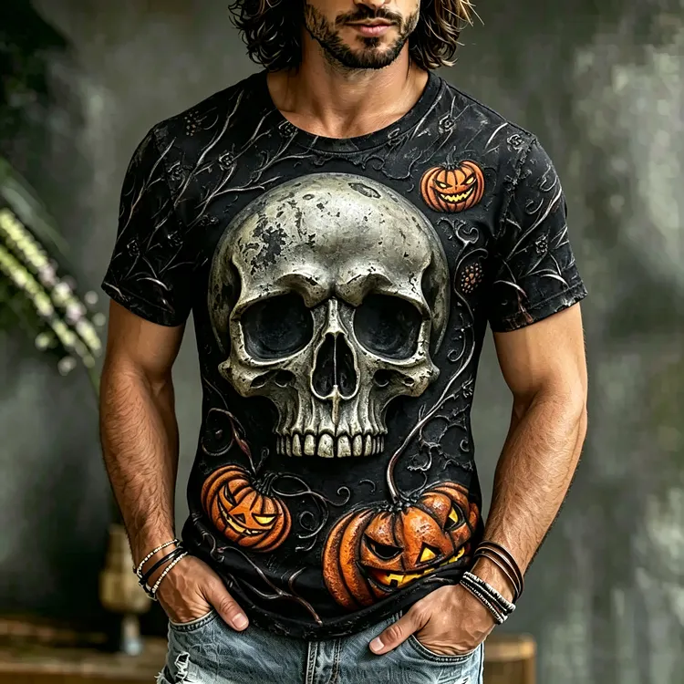 Men's Retro Halloween Skull And Pumpkin Pattern T-shirt
