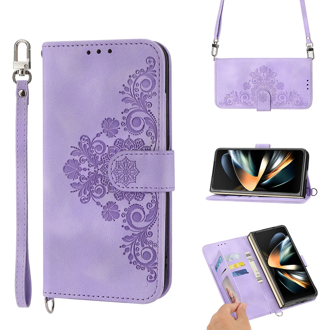 Luxury Crossbody Embossing Leather Phone Case With Phone Stand,card slots and Carry Strap For Galaxy Z Fold3/Fold4