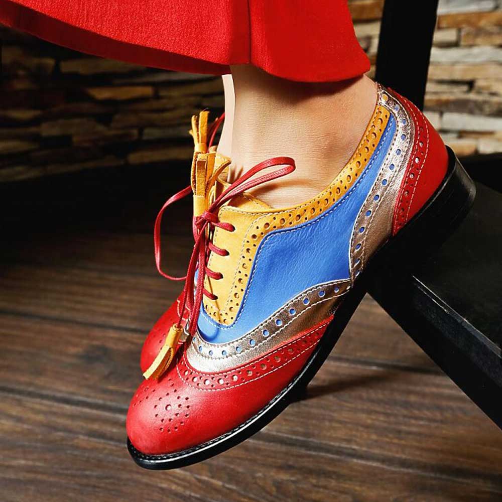 Colorful Vegan Leather Round Toe Block Heel Lace-Up Oxford Shoes Nicepairs