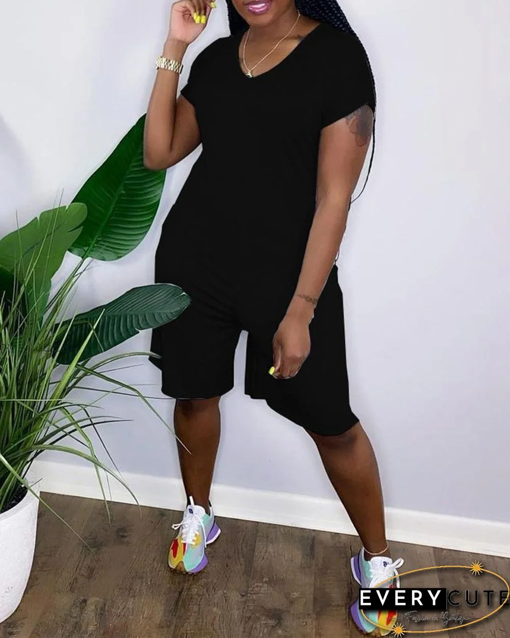 Short Sleeve V-Neck Plain Romper