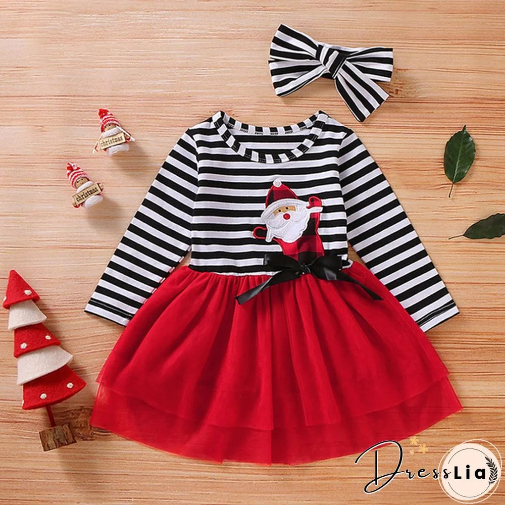 Toddler Baby Girls Christmas Santa Striped Print Tulle Dress+Headband Outfits