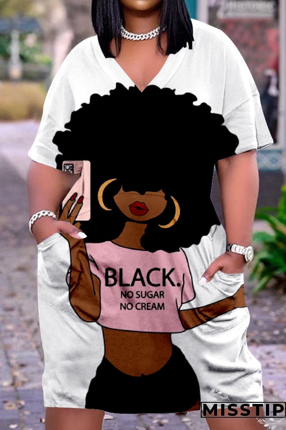 Blue Black Fashion Casual Print Basic V Neck Short Sleeve Dress