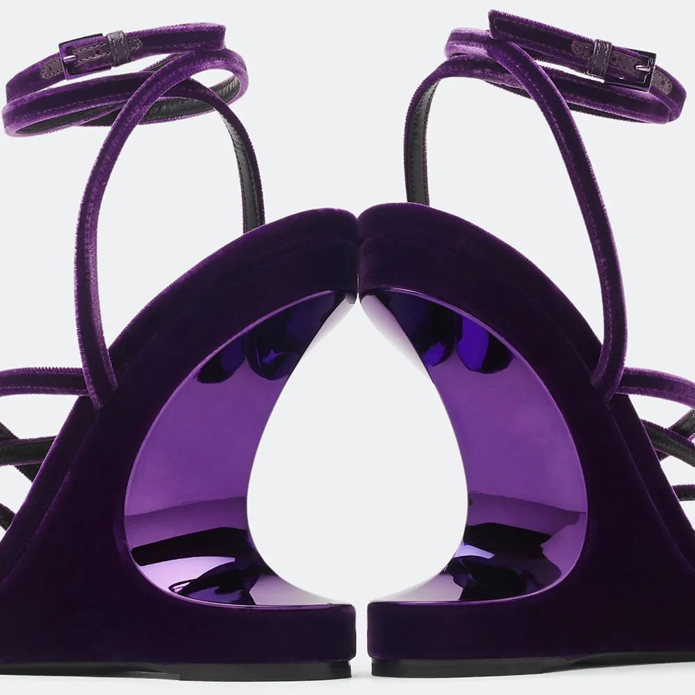Dark Purple Velvet Square Toe Strappy High Heels Sandals with Buckle
