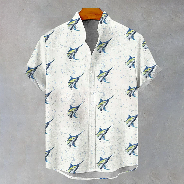 Men's Retro Ocean Sea Fish Art Print Casual Short Sleeve Shirt