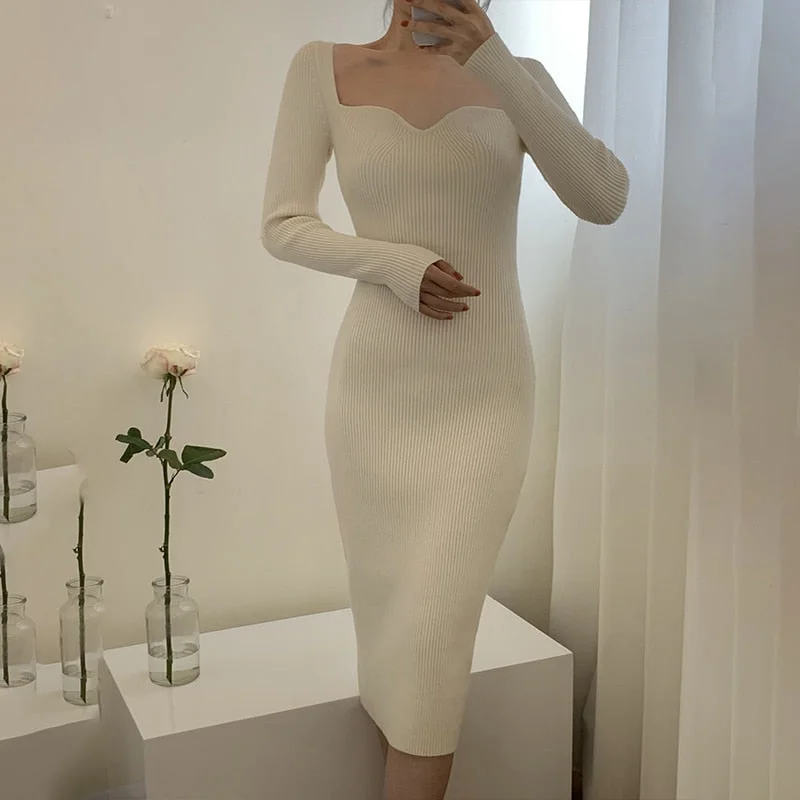 Gitana Sexy Ribbed Knitted Bodycon Dress For Women Autumn Winter Long Sleeve Midi Robe Party Dresses Female Clothing 2022