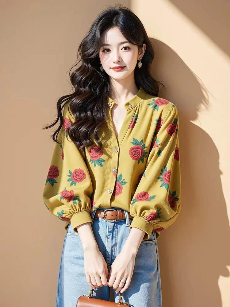 Athvotar Athvotar Long-Sleeved Chiffon Floral Shirt Woman 2025 Early Spring Single-Drip Design Shirt Open Shirt