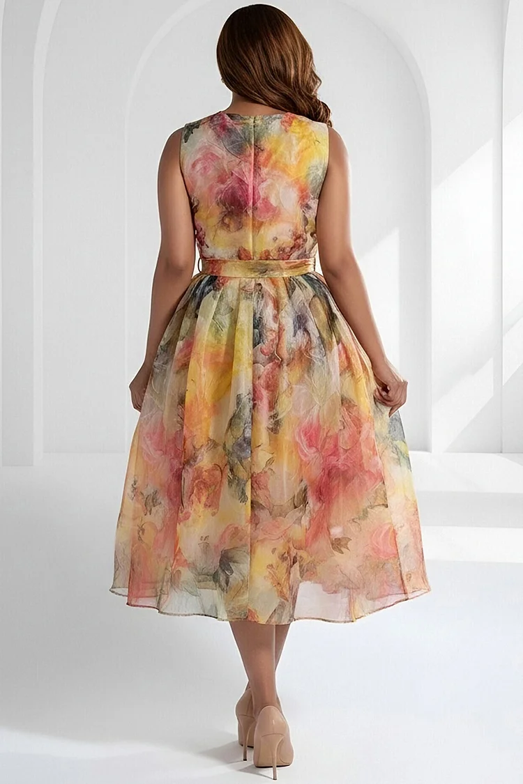 Xpluswear Design Plus Size Wedding Guest Multicolor Floral Round Neck Pocket Organza Midi Dresses - Xpluswear.com Xpluswear Design Plus Size Wedding Guest Multicolor Floral Round Neck Pocket Organza Midi Dresses - Xpluswear.com