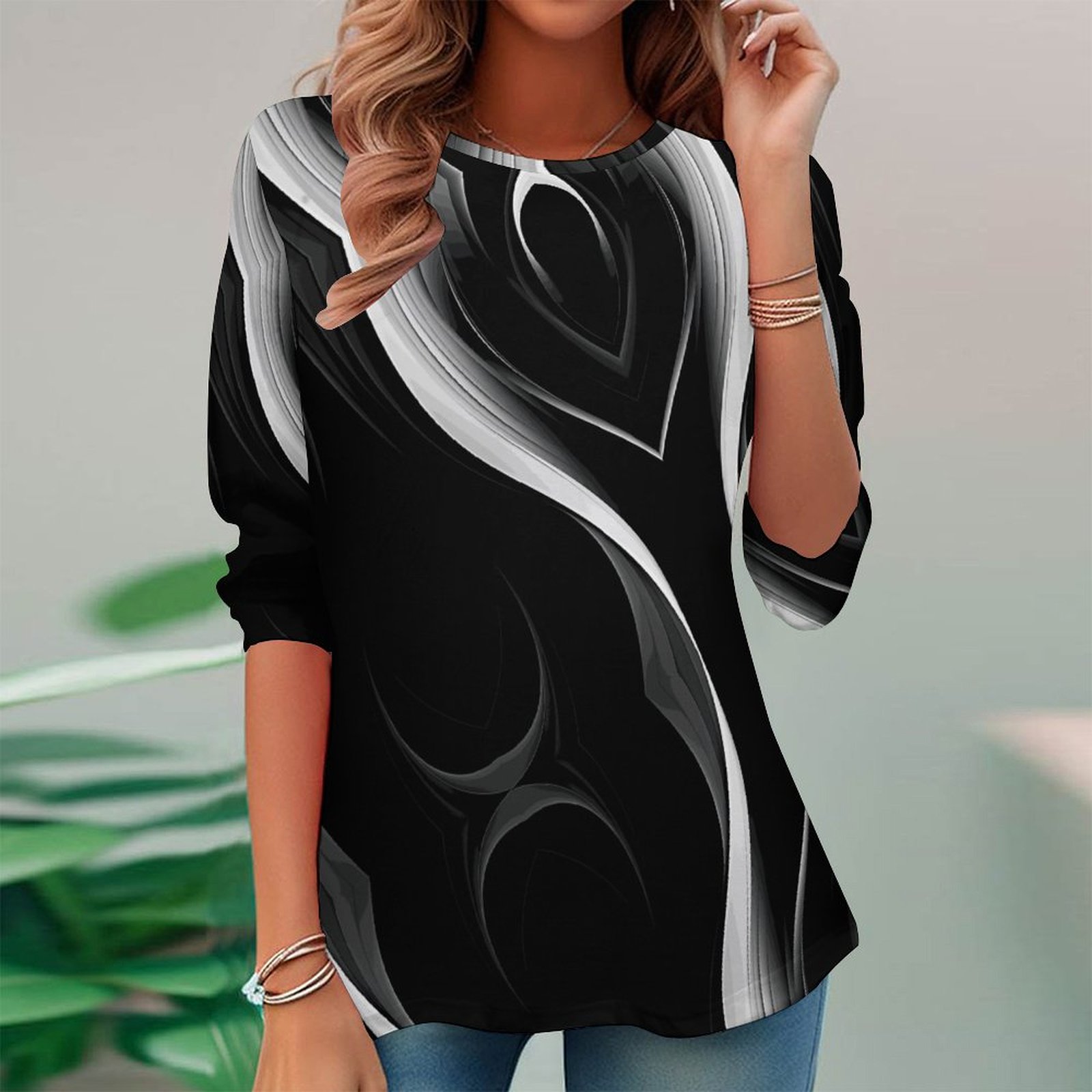 Women Long Sleeve V-neck Graphic Floral Printed Top