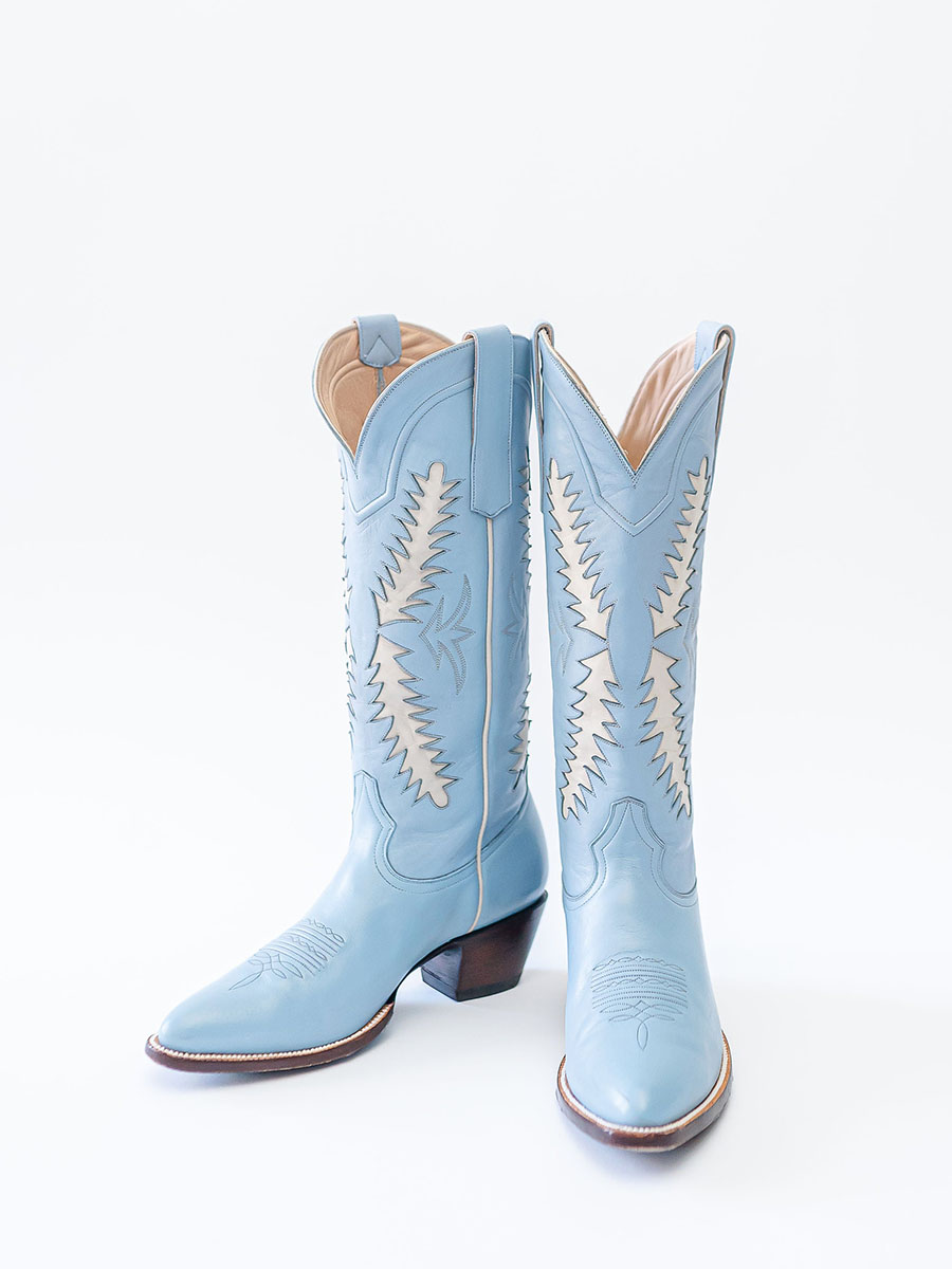 Blue & White Inlay Design Wide Calf Knee High Cowboy Boots for Women