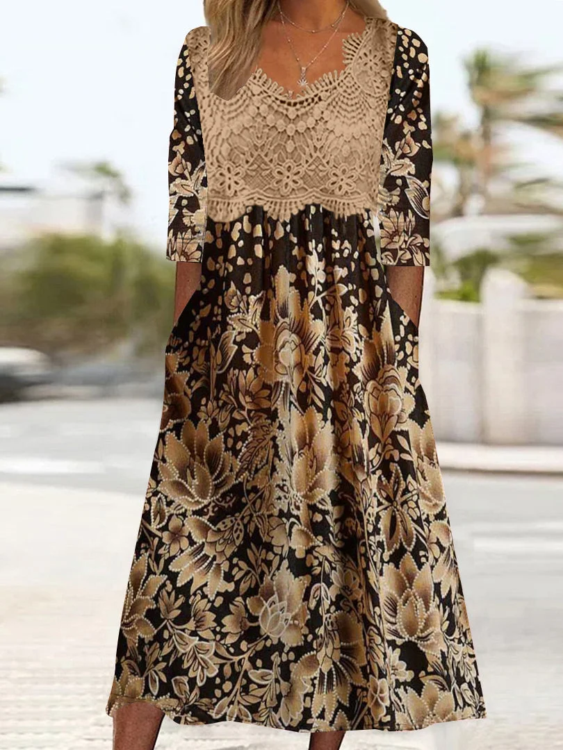 Women's Long Sleeve V-neck Graphic Printed Lace Stitching Midi Dress