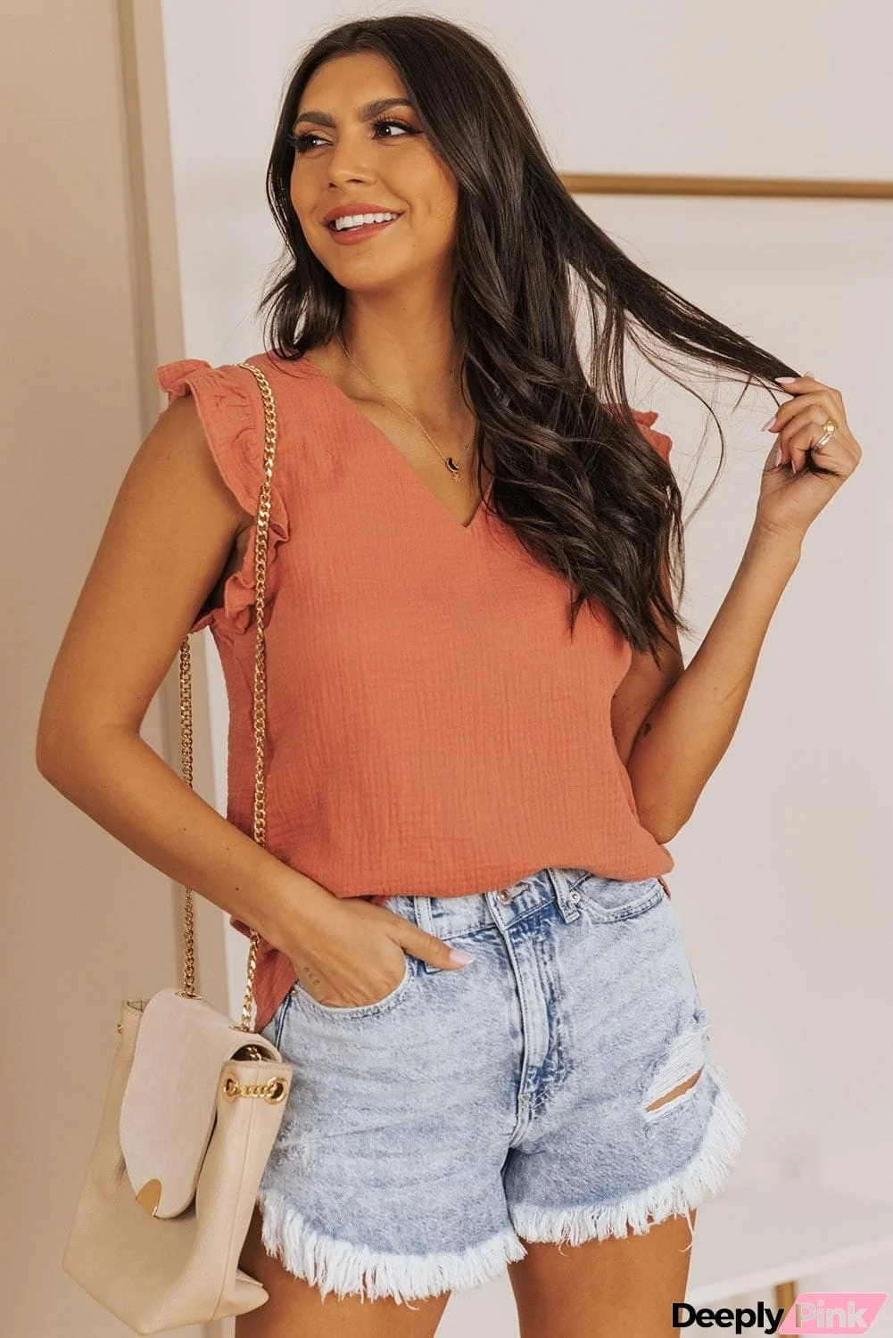 Ruffle Shoulder V-Neck Top