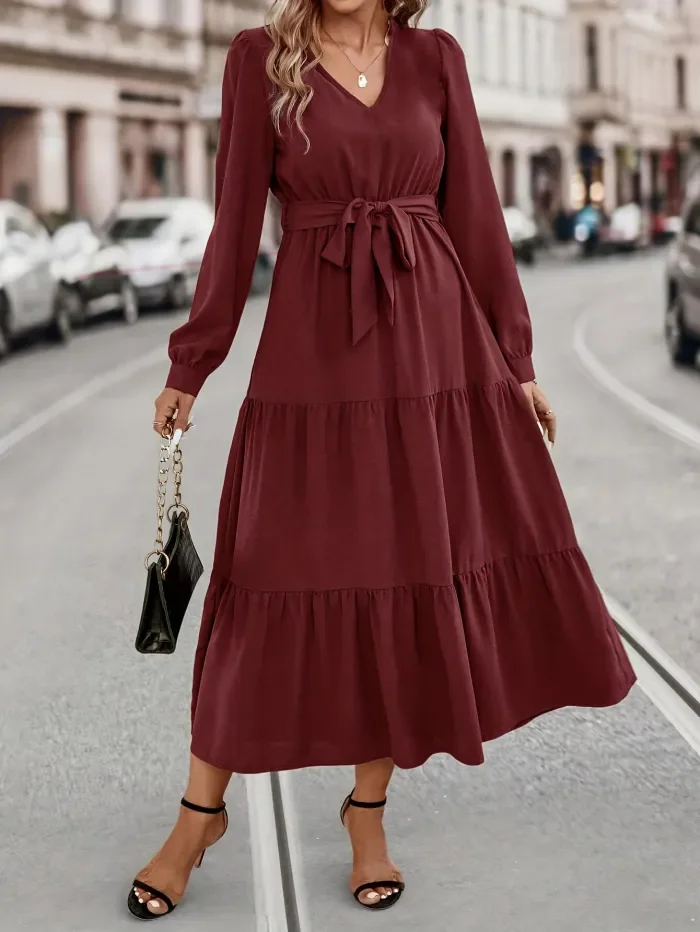 Tiered Maxi Dress, Casual V Neck Long Sleeve Solid Dress, Women's Clothing