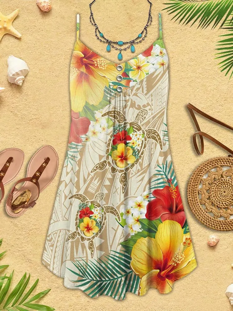 Women's Turtle Marine Print Floral Tropical Vacation Beach Slip Dress