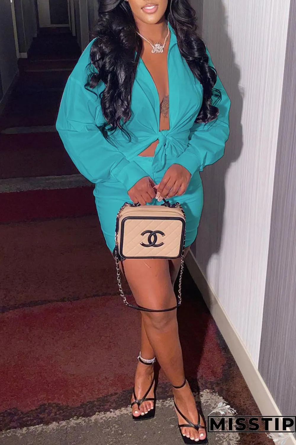 Coffee Fashion Sexy Solid Basic Turndown Collar Long Sleeve Two Pieces