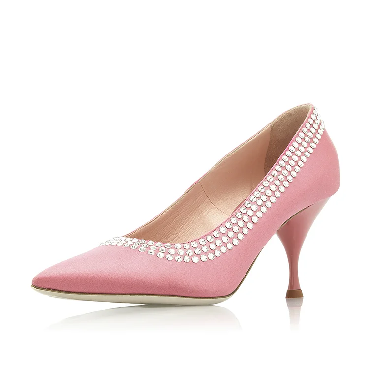 Elegant Pink Kitten Heels Women'S Pointed Toe Rhinestones Pumps Wedding Shoes |FSJ Shoes