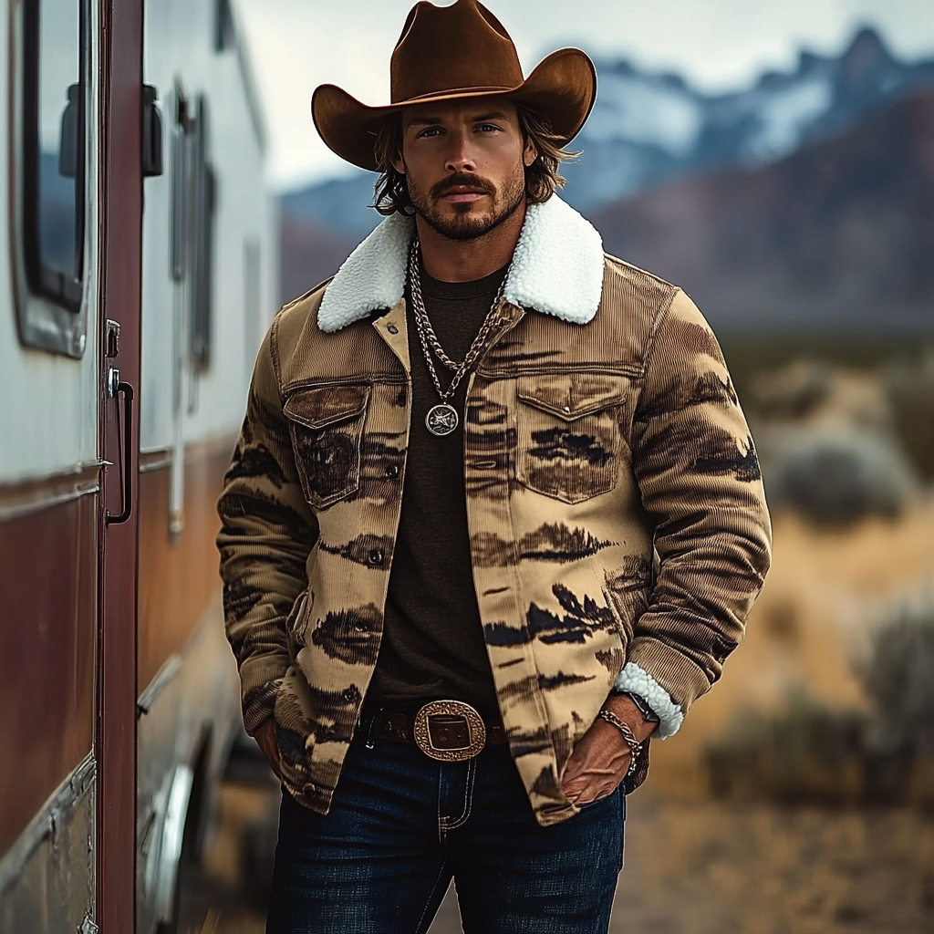Men's Vintage Western Cowboy Printed Sherpa Jacket-inspireuse