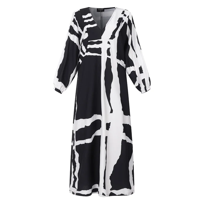 VONDA Vintage Long Maxi Dress 2022 Autumn Sexy V Neck Long Sleeve Printed Dresses Femme Loose Sundress Casual Bohemian Vestidos