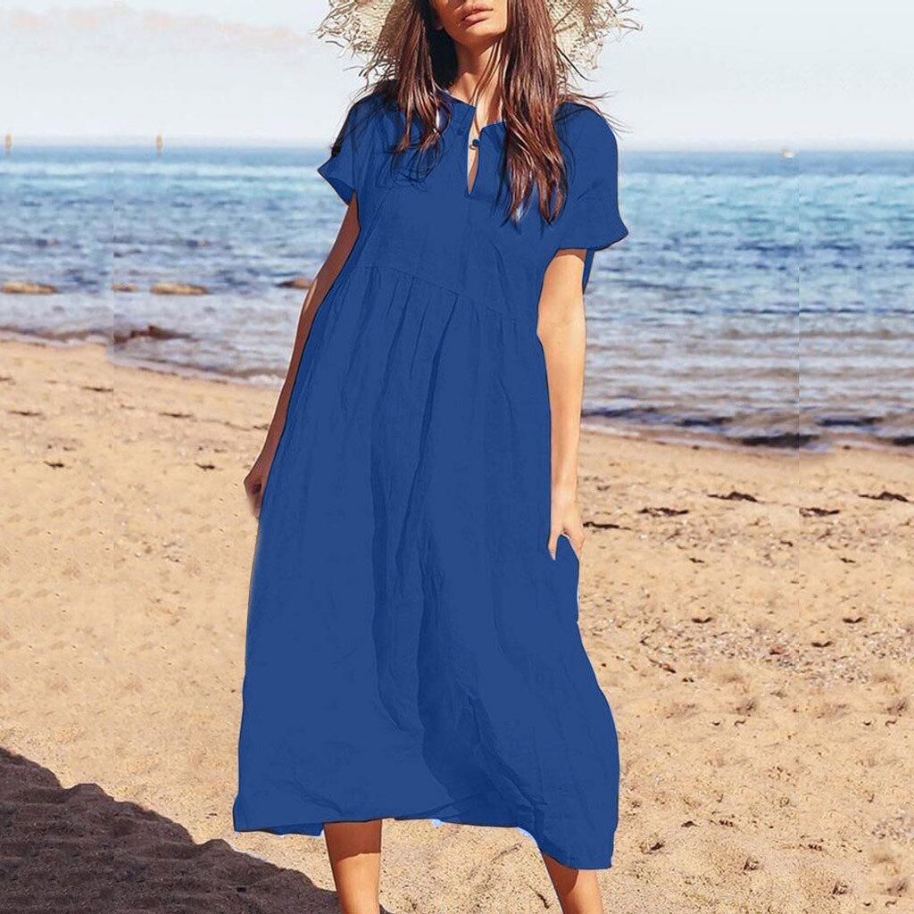 Fashion Women's Summer Casual Solid Color Short Sleeve Turn-Down Collar Beach Dress 2021 Summer Holidy Beach Long CasualDresses