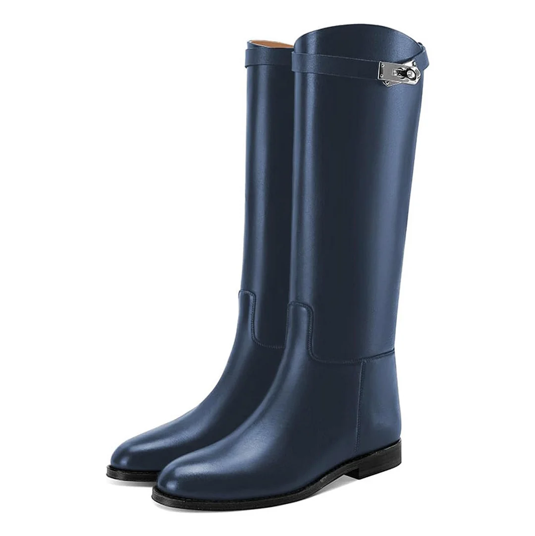 Navy Closed Toe Buckled Slip On Knee High Flat Boots for Women